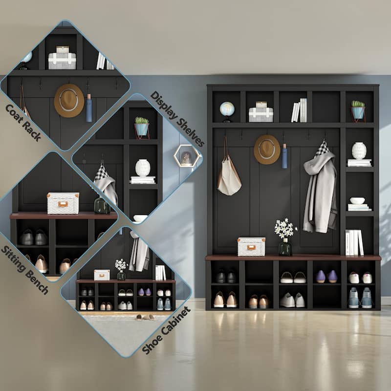 Farmhouse Entryway Hall Tree with Coat Rack, 13 Cubbies Shoe Storage, Adjustable Shelves & Walnut Bench