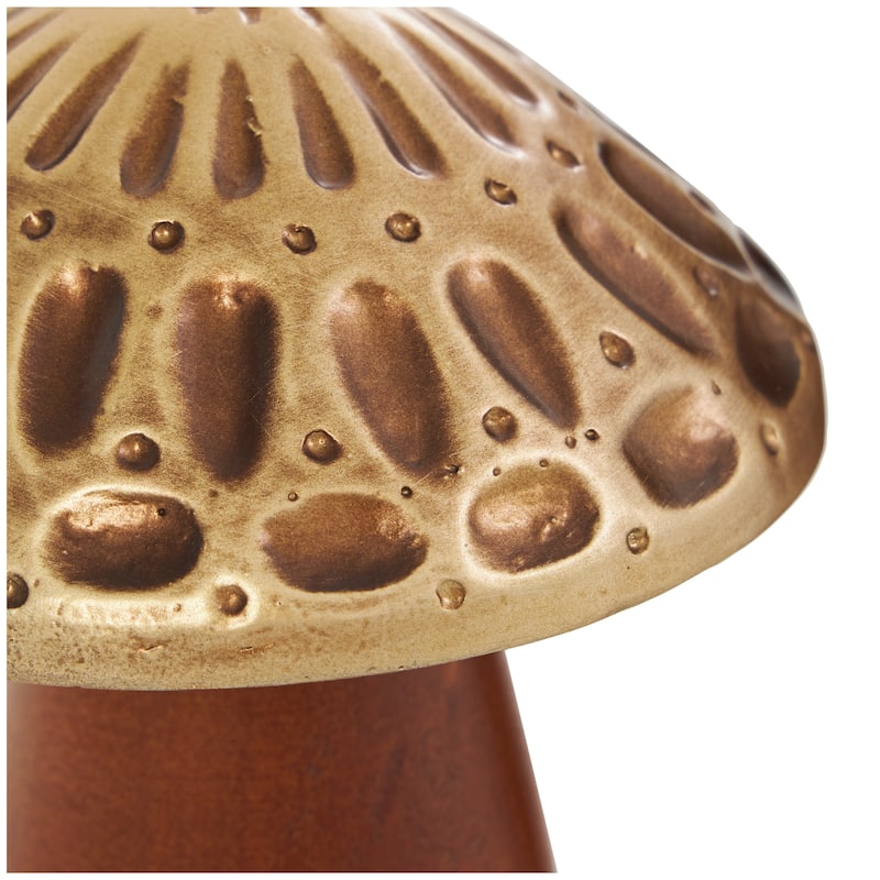 Wood Mushroom Sculpture with Gold Tops and Groove Patterns - Set of 3 Brown - Roche River Decor - 4"W x 4"L x 7"H
