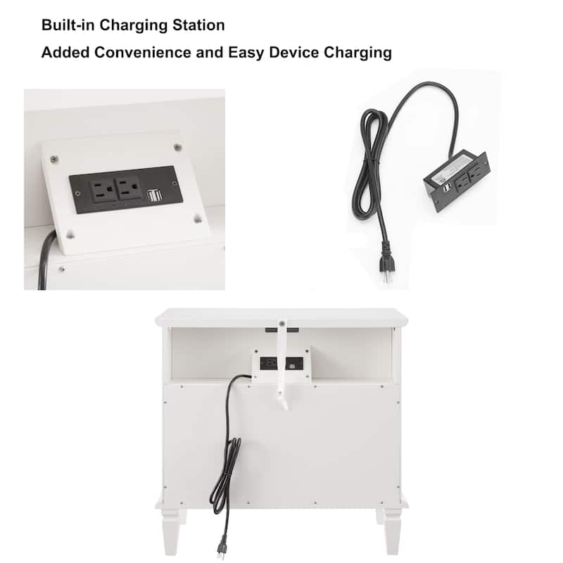 Farmhouse 2-Drawer Dresser Nightstand with Charging Station, USB Ports, Open Shelf & Solid Wood Legs