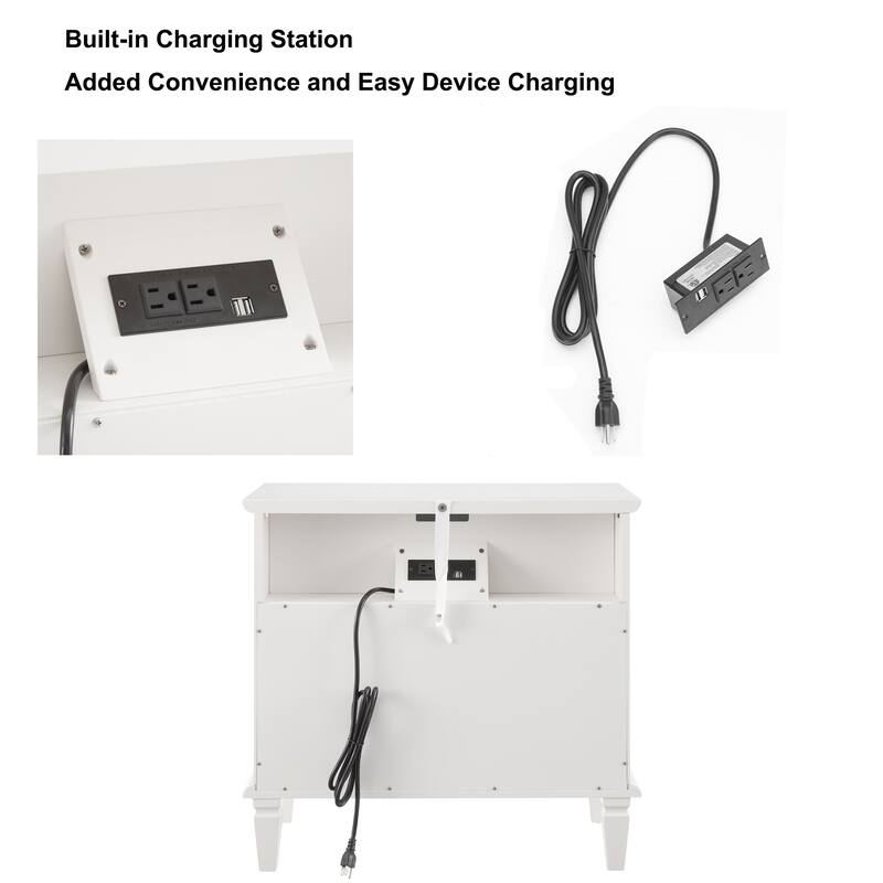 Open Space And 2 Drawers Dresser Nightstand With Charging Station, Farmhouse End Table With Usb Ports And Outlets