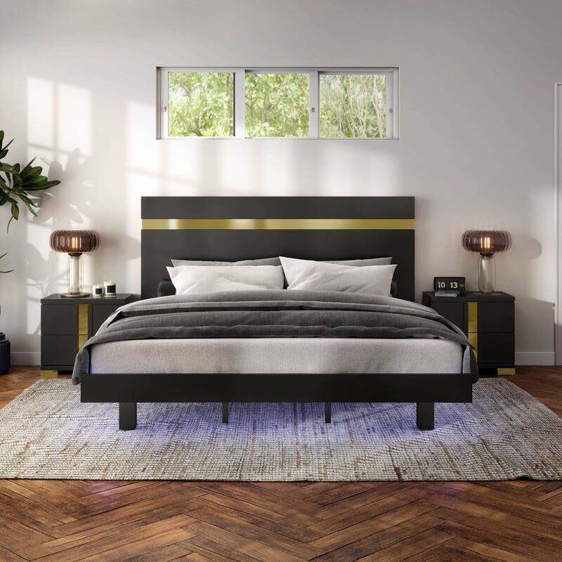 Furniture of America Halifax Modern 3-Piece Wood Platform Bedroom Set with Underbed LED - Black - Twin