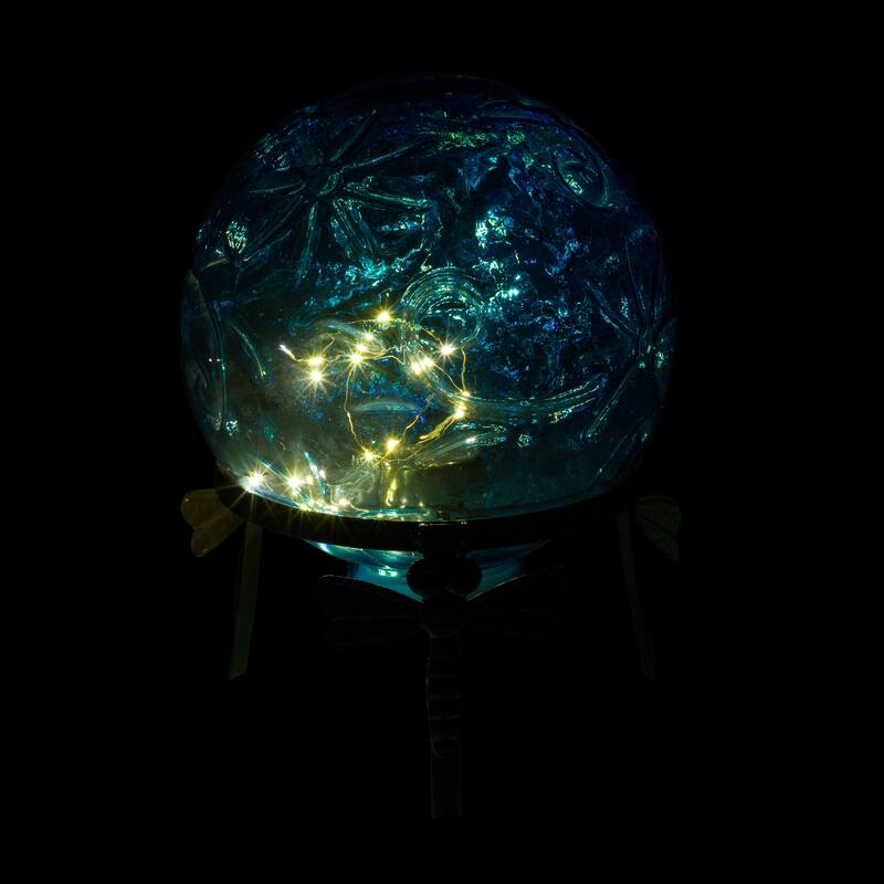 Alpine Corporation 13" Tall Indoor/Outdoor Pearlized Blue Glass LED Gazing Globe with Stand