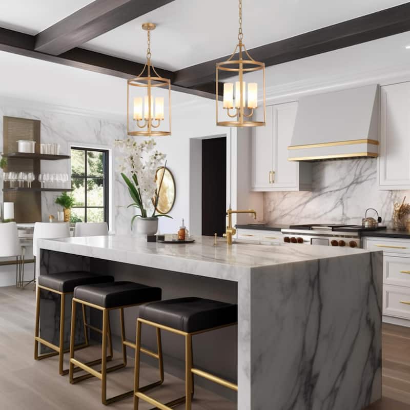 Mid-century Modern Gold 4-Light Chandelier Lantern Pendant Light for Kitchen Island - 12" D x 23" H
