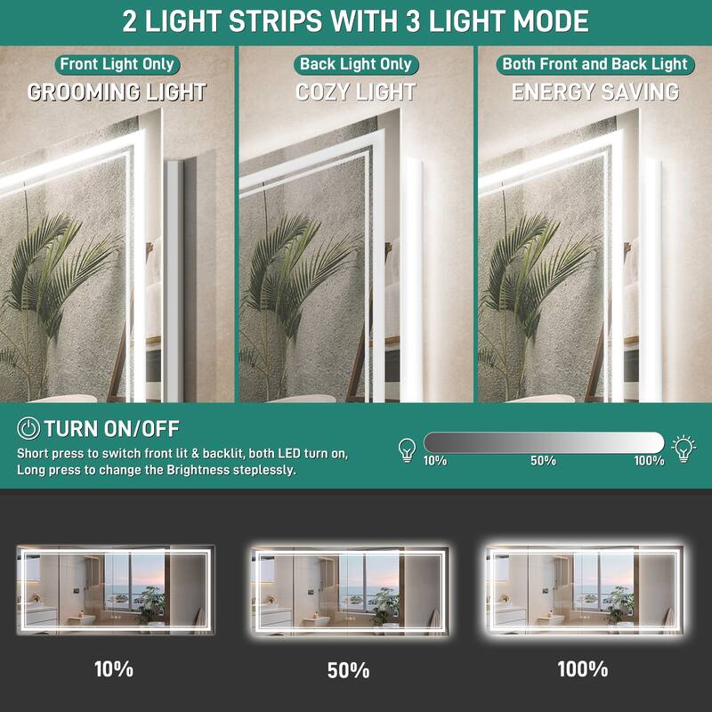 Durx-litecrete LED Wall Mirror Rectangular Frameless Dual Strips LED Bathroom Vanity Mirror
