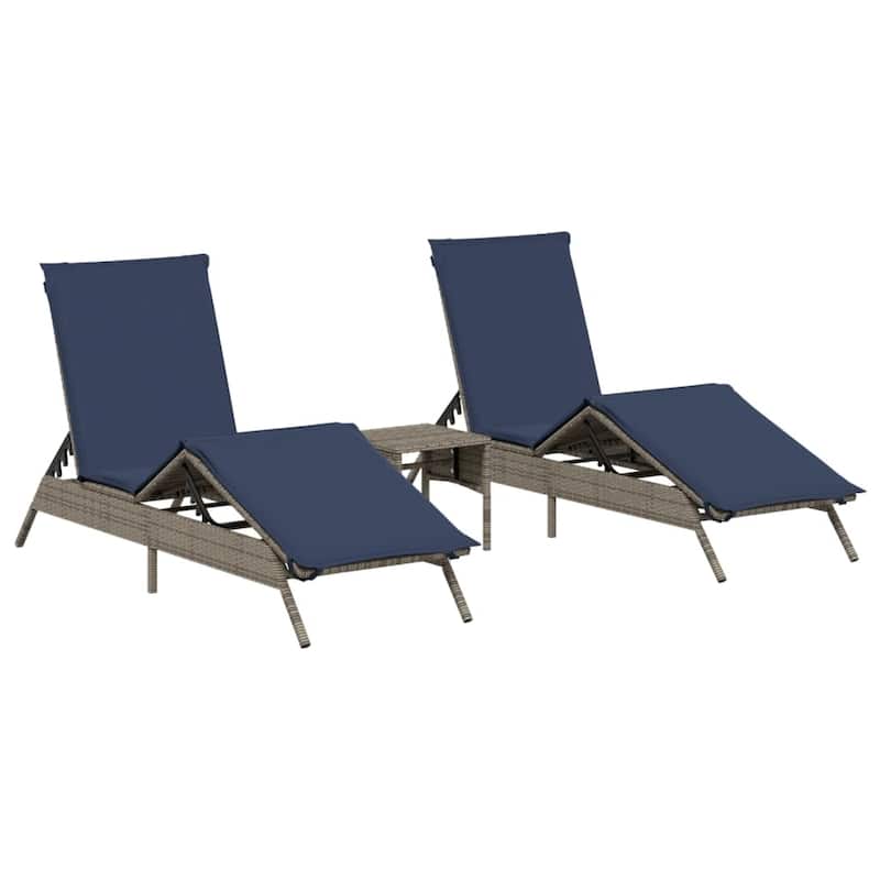 vidaXL Sun Loungers with Table Chaise Lounge 2 Pcs Poly Rattan Brown/Gray/Black - 23.2 x 78.7 x 33.5