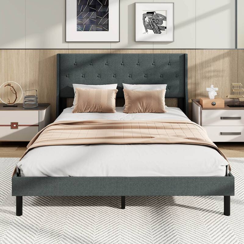 Costway Queen Size Bed Frame Linen Upholstered Mattress Foundation