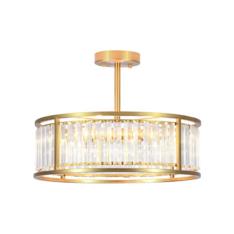 4-Light Mid-Century Modern Black/Gold Drum Crystal Semi-Flush Mount Ceiling Light