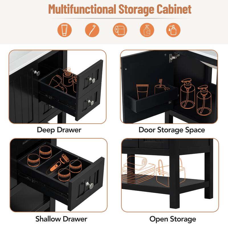 Freestanding Bathroom Vanity Storage Cabinet with Vertical Stripe Groove Decoration, Open Storage, Door Storage and Drawers