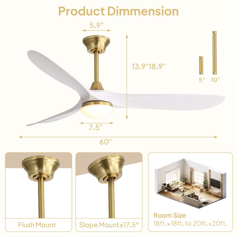 Sofucor 60"Ceiling Fan with Light and Remote Control,Outdoor/Indoor High CFM Quiet 3 ABS Blades for Patio,Porch,Farmhouse,Gazebo