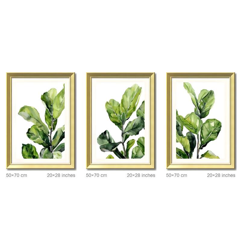 Set of 3 Green Leaf Botanical Framed Wall Art - Replaceable Canvas Prints with Solid Wood Picture Frames, Modern Plant