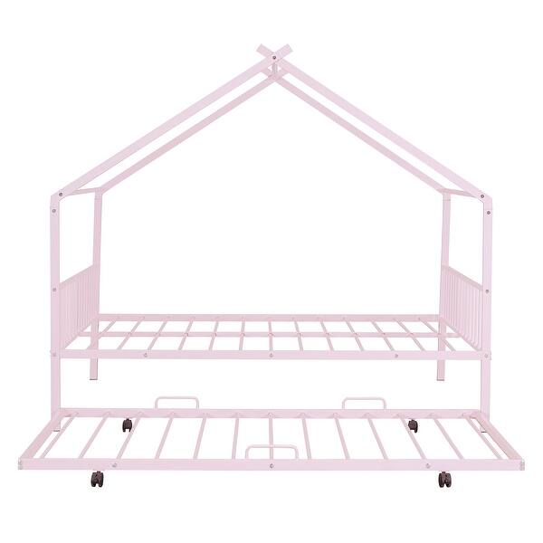 slide 2 of 13, Full Size Metal House Bed with Twin Size Trundle & Slats, Kids Bed Frame with Headboard & Footboard, for Kids, Girls, Boys, Pink Pink - Full