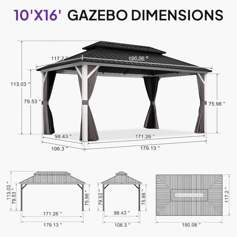 PURPLE LEAF Patio Hardtop Gazebo for Outdoor Grey Galvanized Steel Double Roof White Aluminum Poles