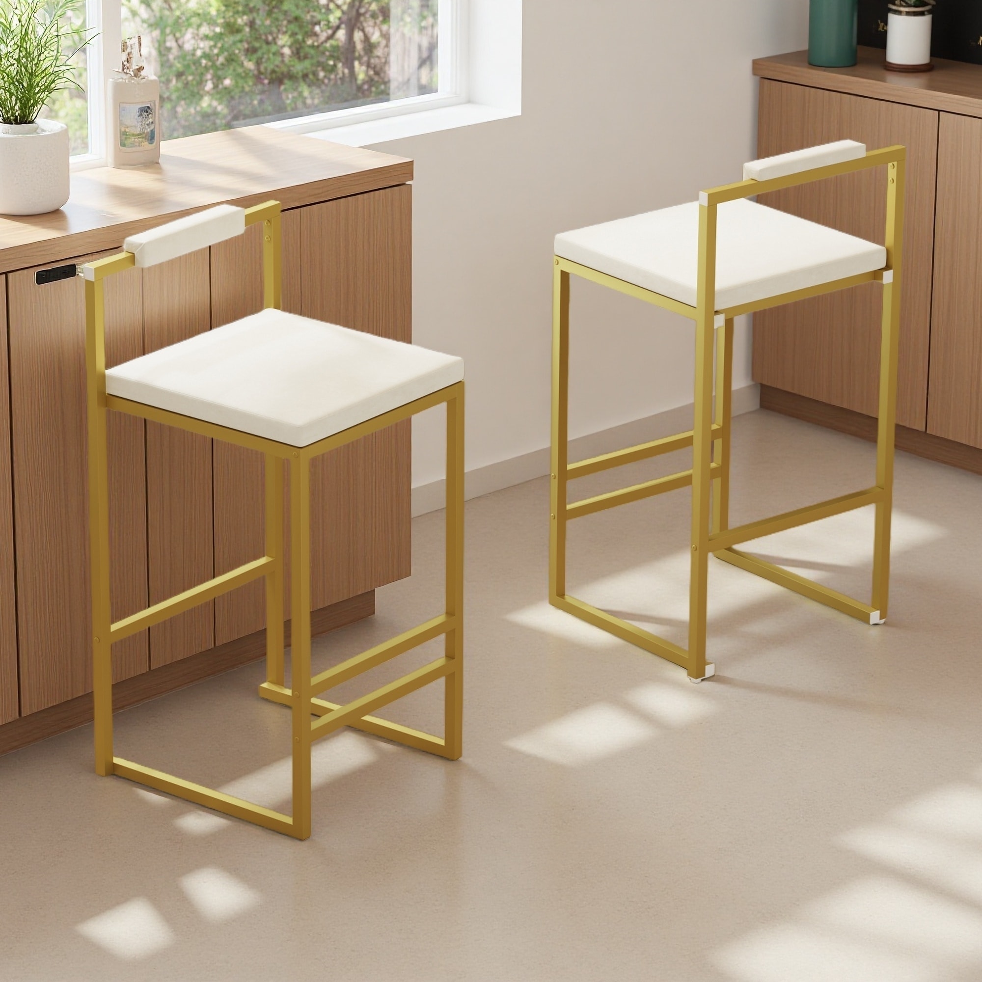 Velvet Bar Stools Set of 2 with Footrest and Back Support