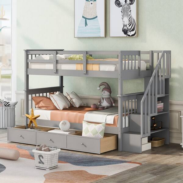 slide 2 of 52, Cabin Design Twin Over Twin Wood Bunk Bed,Three Drawers Under-Bed and Shelf Besides Staircase Gray