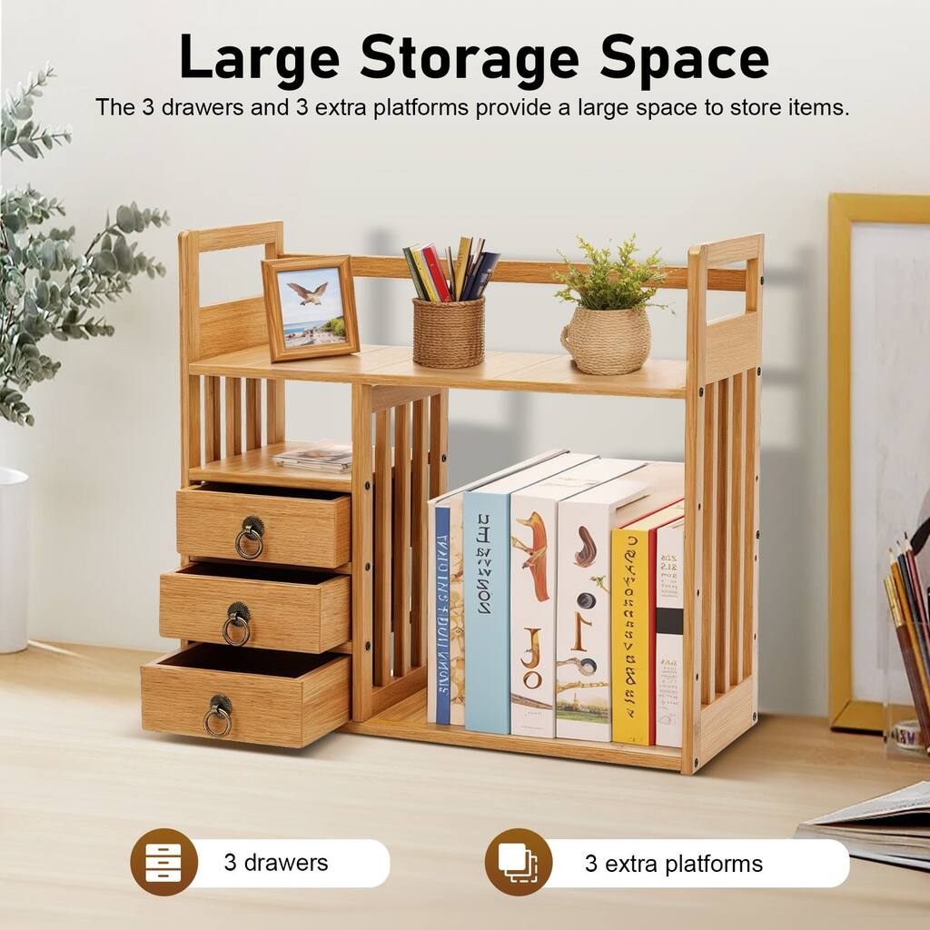 Bamboo Desktop Bookshelf Organizer with 3 Drawers Desk Storage ...