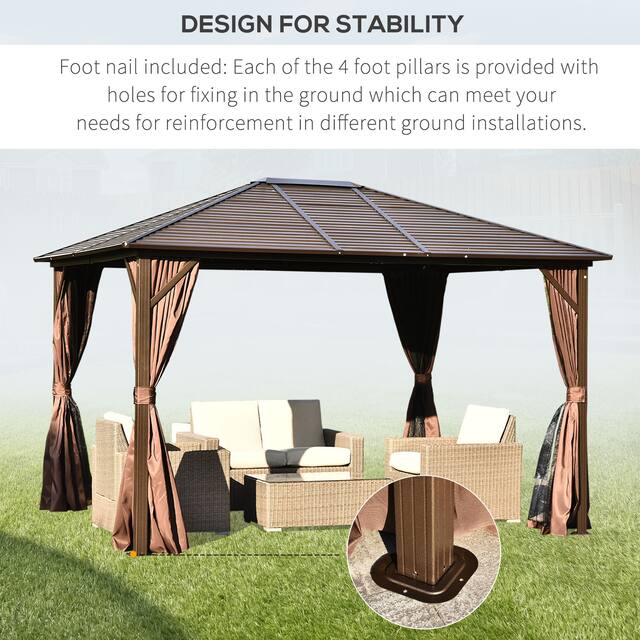 Outsunny 10' x12' Hardtop Gazebo with Aluminum Frame, Permanent Metal Roof Gazebo Canopy with 2 Hooks, Curtains and Netting