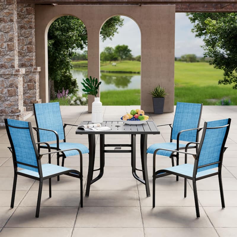 5/7/9-Piece Outdoor Patio Dining Set with Stackable Textilene Chairs and Slatted Table, Furniture with Adjustable Umbrella Hole