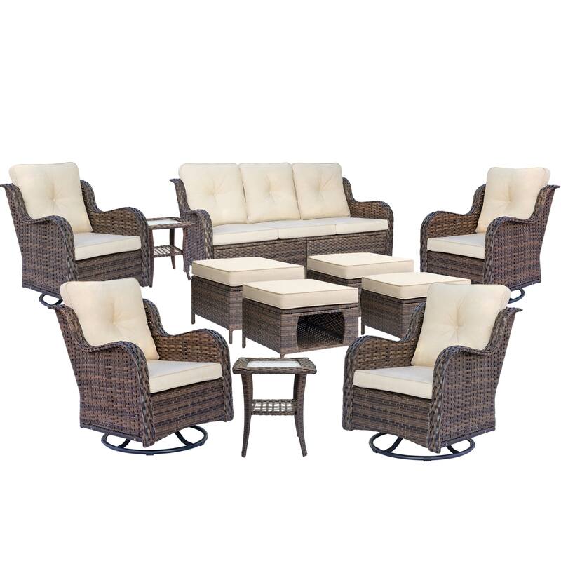 11 Piece Outdoor Wicker Patio Conversation Swivel Chairs Furniture Set