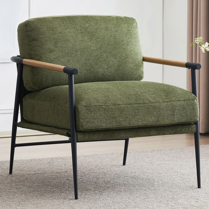 White Accent Chair Armchair Chenille for Living Room Mid Century Modern Accent Chair Metal Leg,Comfy Cushion Veneer Armrest - 1PC - Green
