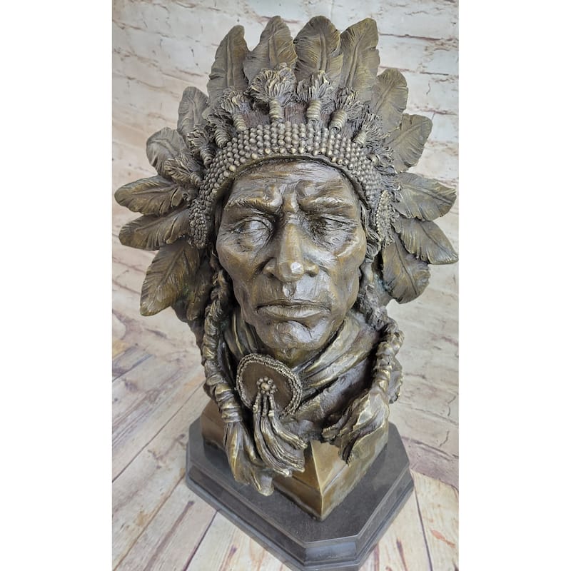 Carl Kauba Large American Warrior Bust Bronze Sculpture Marble Base Statue Decor