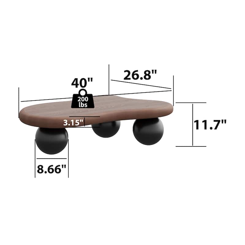 40 Inch Cloud Shaped Coffee Table with 3 Ball Legs for Living Room, Walnut Top Black Legs