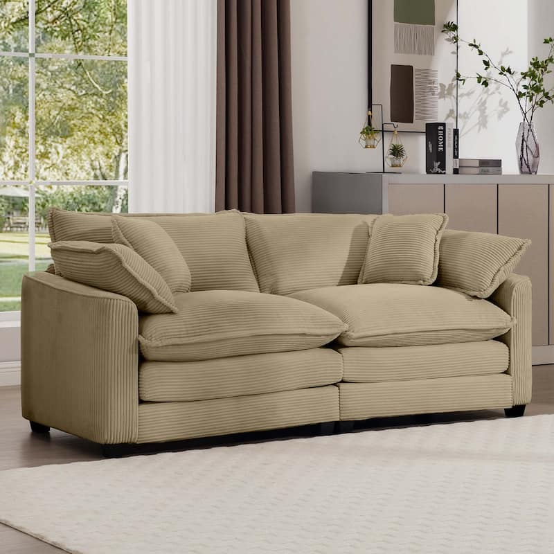Corduroy Fabric Upholstered Loveseat Sofa, Deep Seat Sectional Sofa with 4 Pillows, 2-Seater Sofa with Removable Armrests - Tan