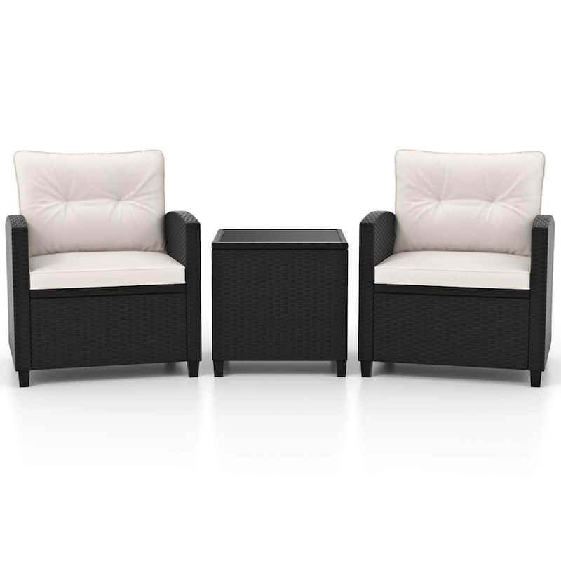 3 PCS Patio Furniture Set Rattan Conversation Set w/ Cushions & Table - White