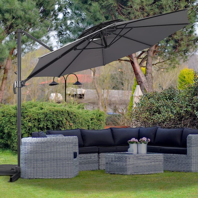Ainfox 10 FT Aluminum Offset Outdoor Cantilever Umbrella with 360-degree Rotation - Grey-No Lights
