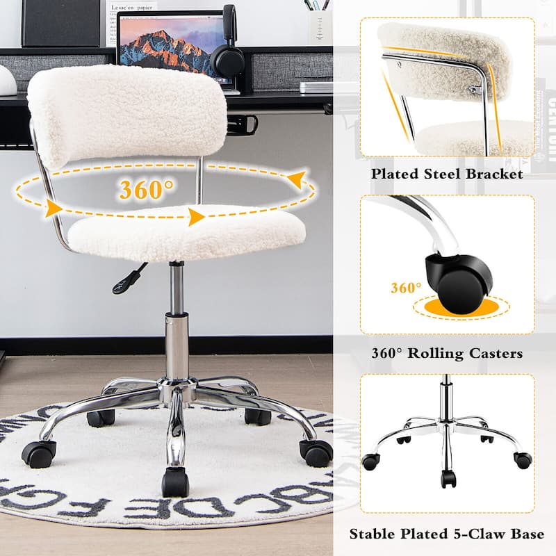 Gymax Computer Desk Chair Adjustable Sherpa Office Chair Swivel Vanity