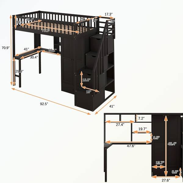 dimension image slide 0 of 2, Twin size Loft Bed with Bookshelf,Drawers,Desk,and Wardrobe