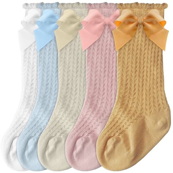 slide 2 of 7, CozyWay Baby & Toddler Knee High Bow Socks, Neutral & Pastel, 5 pair