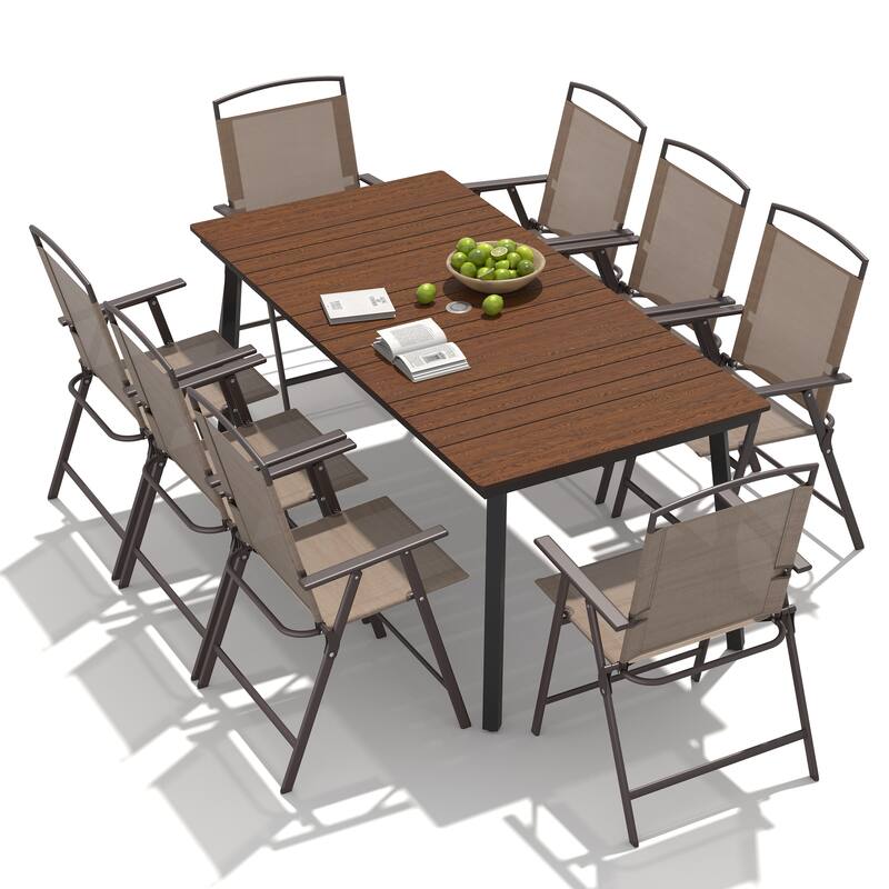 9-Piece Outdoor Dining Set Patio Dining Table with Umbrella Hole and Folding Chairs