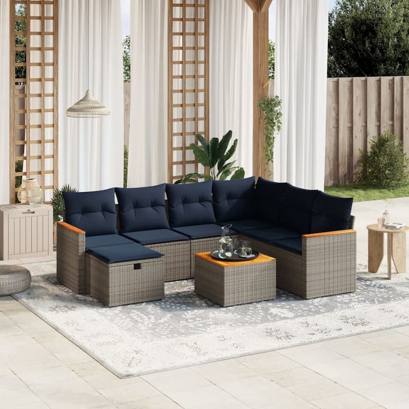 vidaXL Patio Sofa Set with Cushions Outdoor Conversation Furniture Poly Rattan - 24.4" x 24.4" x 27.2" - Gray and blue with table