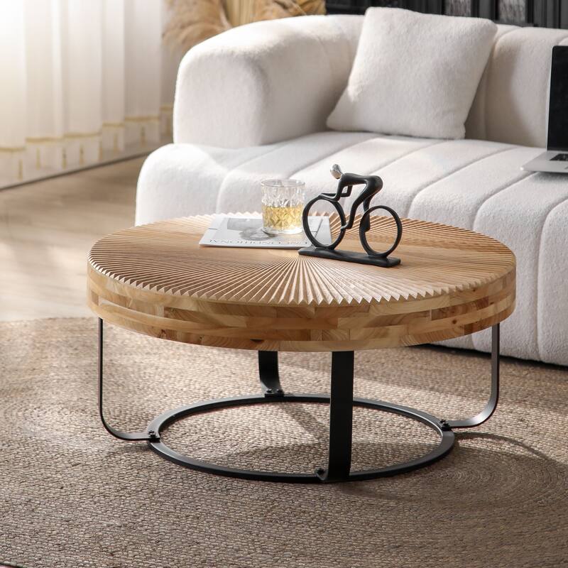 GDFStudio Calvion Round Pine Wood Coffee Table with Steel Frame and Carving Pattern