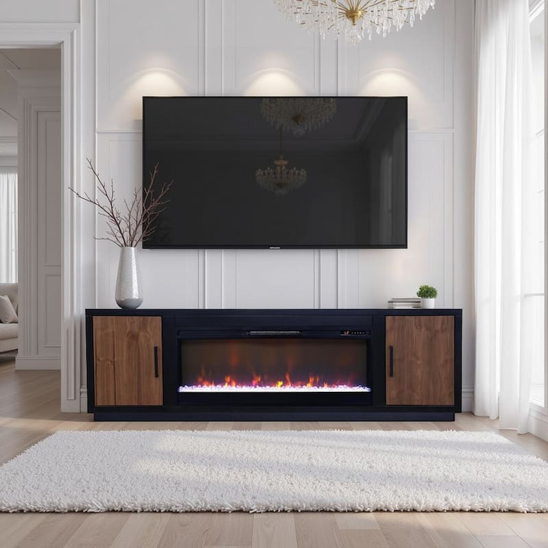 Bridgevine Home Aria 83 inch Fireplace TV Stand for TVs up to 95 inches, Minimal Assembly, Black and Walnut Finish