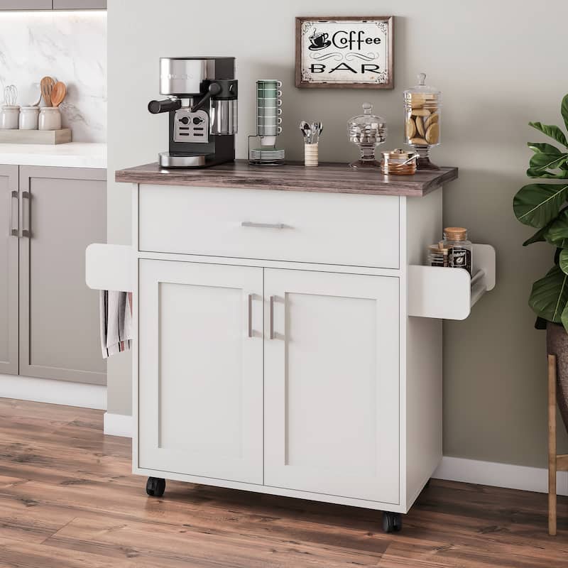 Mobile Kitchen Island Cart with Water Resistant Top,Cabinets with Adjustable Shelves,and Towel & Spice Rack - Natural+White