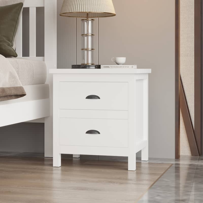Modern Pine Wood Bedside Table with 2 Drawers and Rectangular White Nightstand for Living Room or Office