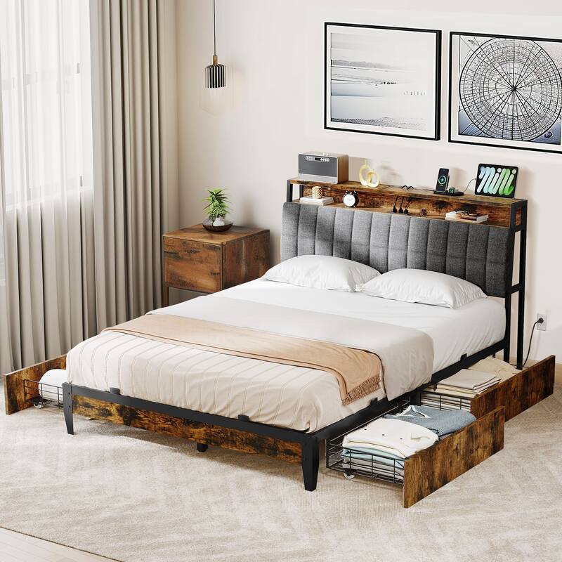 Upholstered Platform Bed with Charging Station and Storage Headboard - Brown - Queen