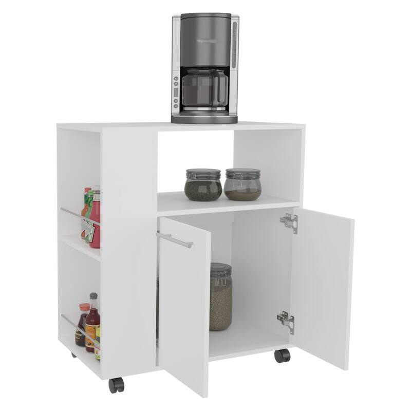 FM FURNITURE Linden Kitchen cart with Microwave Shelf. Open Storage. and Two-Door Cabinet