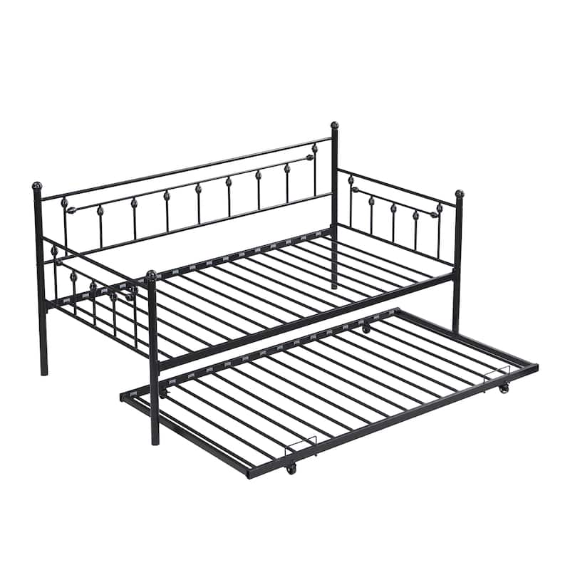 Daybed with Trundle Bed, Twin Bed Frame with Metal Slats Supports