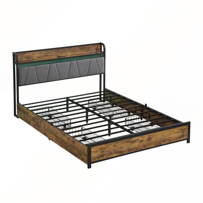 Full Size Bed Frame with Charging Station and LED Lights