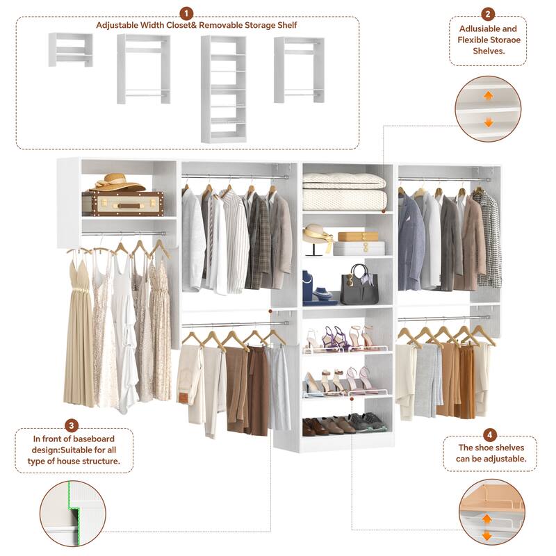 Cimly Set of 4 Closet System with Shoe Rack and Hanging Rods, 120'' Modular Heavy-duty Wall-mounted Closet Organizers