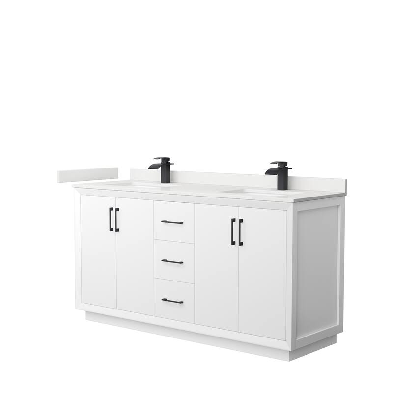 Strada 66-inch Double Vanity, Quartz Top - White, Black Trim, White Quartz Top