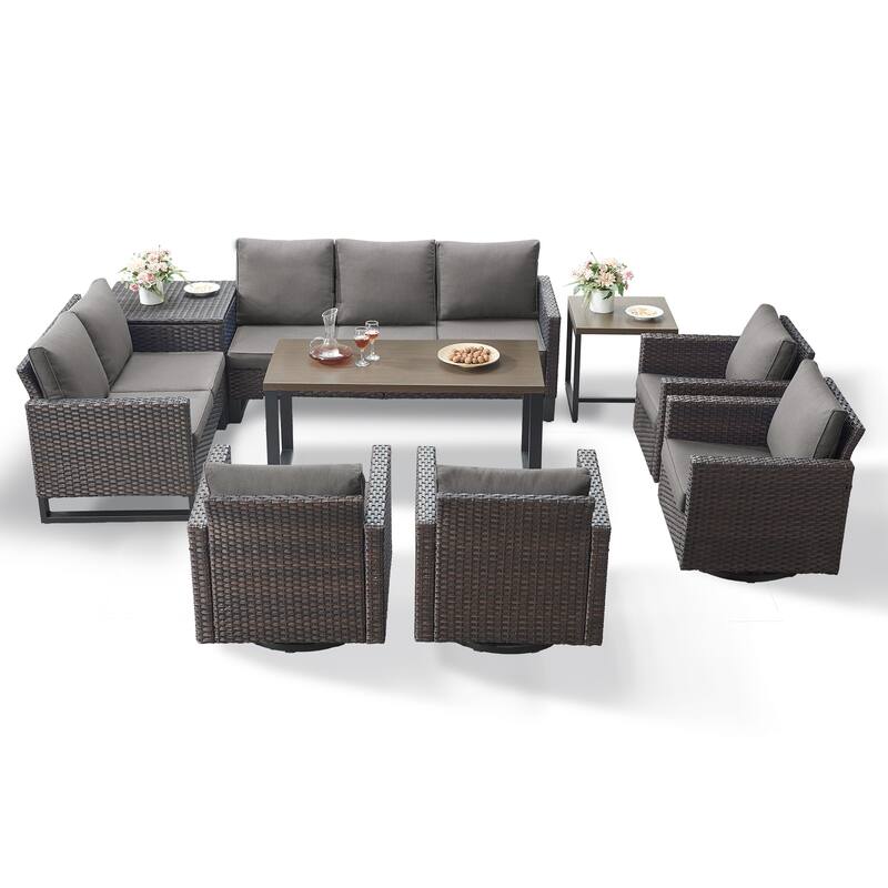 Gymojoy 9 Person Outdoor Courtyard Wicker Family Conversation Set Group With Swivel Chairs And Storage