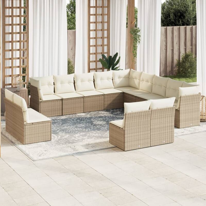 vidaXL Patio Sofa Set with Cushions Outdoor Furniture 14 Piece Poly Rattan - Beige and cream - 24.4 x 24.4 x 27.2