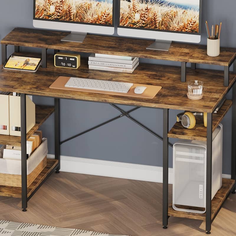 55 Inch Dual Monitor Computer Desk with Adjustable Shelves