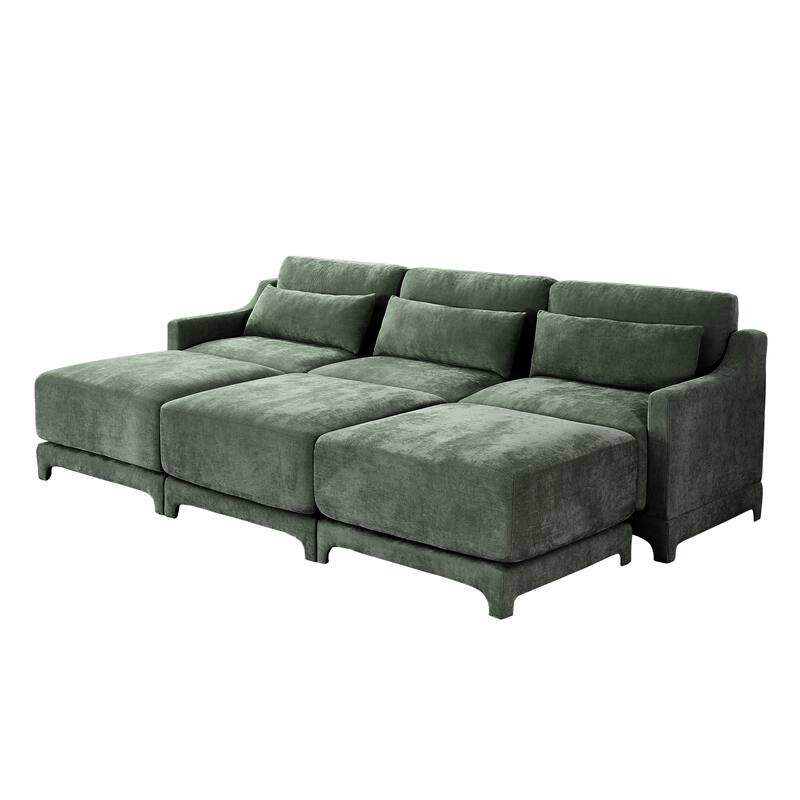 Modern Chenille 4-Seater Sofa with 2 Ottoman, Lumbar Cushions, Ergonomic Backrest, High-Resilience Spongeand Tufted Armrests