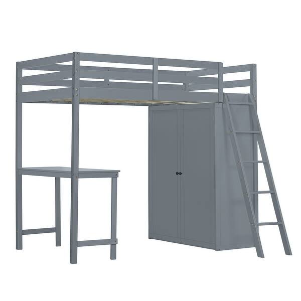 slide 2 of 27, Lodge Design Twin Size Loft Bed with Wardrobe and Desk,Solid Wood Design Gray