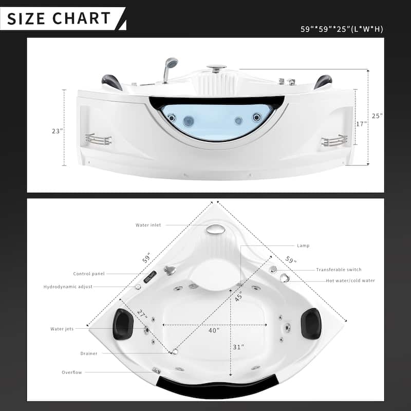 59 in. x 59 in. Left Drain Alcove Whirlpool Bathtub Corner Lighted Thermostatic Bath Tub -Rapid Drainage System in White