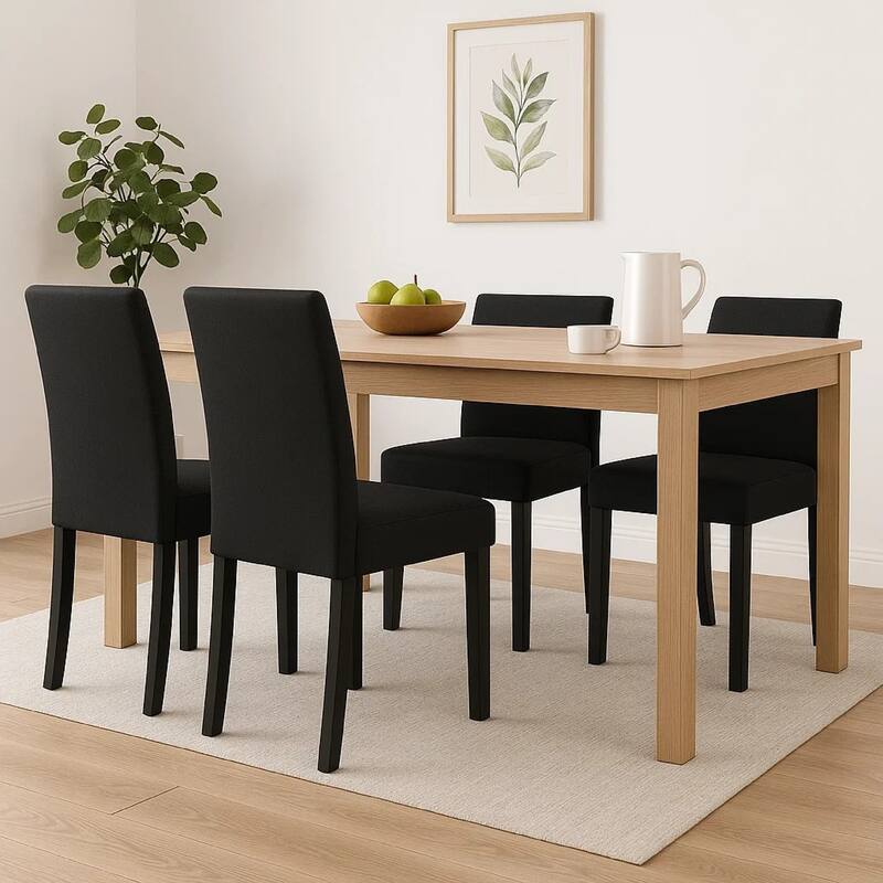 Dining Chair Set of 4, Black Wood Frame, Fabric Seat and Backrest